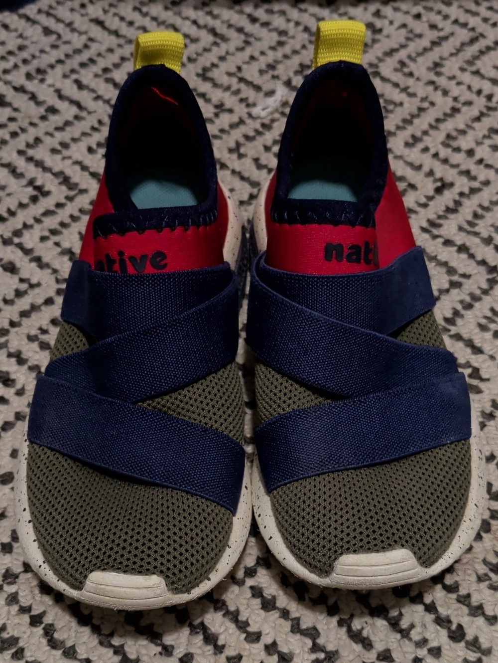 Native Kids Olive, Navy & Red Slip-On Sneakers with Yellow Heel Loop